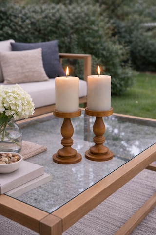 2 Li Luna Model Tabaklı Ahşap Şamdan Seti, Dekoratif Şamdan - 16