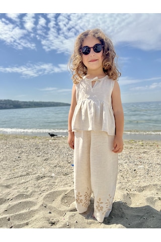Paçaları Nakışlı Keten Kız Çocuk Takım Natürel Bej