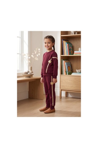 Deniva Kids Kız Çocuk Bordo Şerit Detaylı Rahat Kalıp Sweatshirt Eşofman Alt Üst Takım