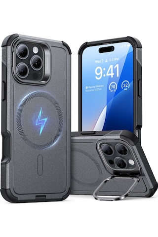Esr Apple Uyumlu iPhone 16 Pro Kılıf Cyber Tough Halolock Magsafe Stantlı Silikon Gri