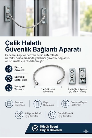 Çelik Halatlı Güvenlik Bağlantı Teli Halatı Pencere Kapı Dolap Güvenlik Aparatı