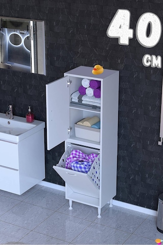 Deniz Kirli Sepetli Ve Kapaklı Raflı, Çok Amaçlı Banyo Dolabı - 40 X 138 X 32,5 Cm 40 Cm