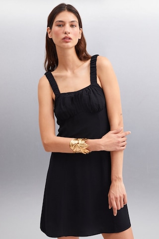 GRIMELANGE Erıdanıa Kadın Maroken Dokuma Kumaşlı Göğüs Kuplu Romantik Yaka Mini Siyah Elbise Siyah