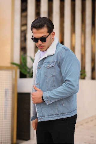 E-fendi Erkek Kürklü Denim Kot Mont Kışlık Sıcak Ve Şık Dış Giyim Buz Mavi - Krem