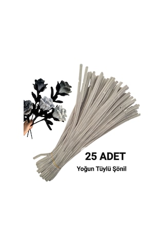 25 Adet Gri Şönil, Çiçek Yapımına Uygun Tüylü Tel, 30 Cm 6 Mm
