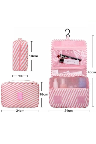 Çok Fonksiyonlu Askılı Makyaj Çantası Pembe Line Desen Büyük Boy