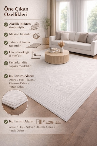 Modern Kabartmalı Halı Krem Geometrik Desenli Akrilik 8 Mm Hav Salon Yatak Odası Antre Halı