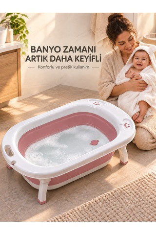Beylini Katlanabilir Bebek Küveti Soft Silikon Destekli Banyo Akordion Duş Oyun Alanı Pembe