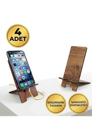 4 Adet Ahşap Telefon Standı Masaüstü Telefon Tutucu Katlanabilir Şarj Girişli Ev Ofis Düzenleyici Seti Standart
