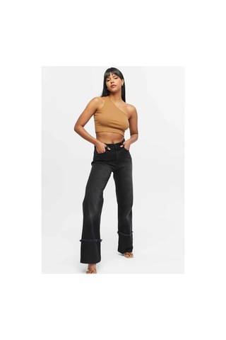 Kene Jeans Yüksek Bel Siyah İşlemli Ters Paça Püskül Detaylı Kot Jeans Siyah İşlemli