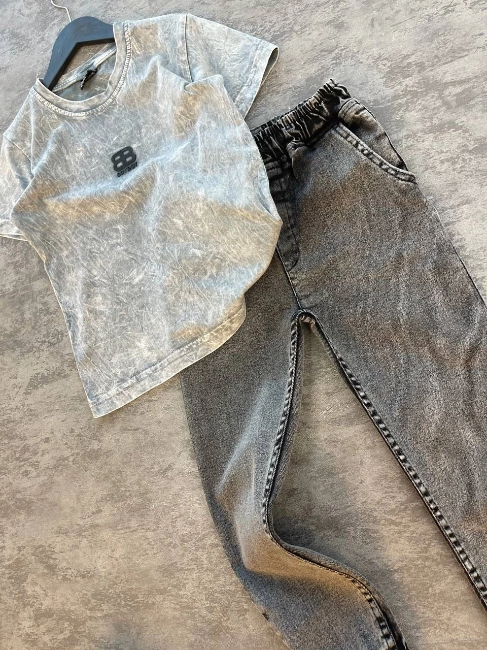 Cg Kids Yıkamalı Kabartma Baskı Bb Lastikli Paça Eskitme Jean Erk Gri - Siyah Mat