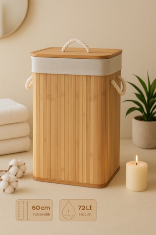 Serstil Bambu Dikdörtgen Çamaşır Sepeti Kapaklı Dekoratif Ve Modern Kirli Sepeti - 40x30x60 Cm / 72 L