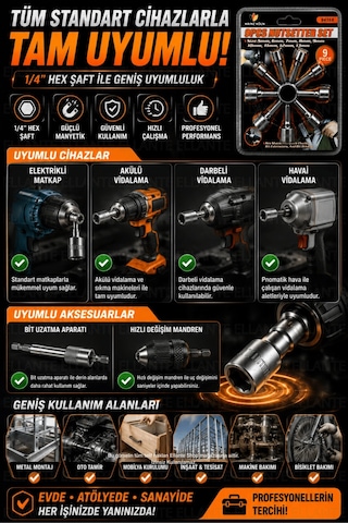 9 Parça Manyetik Somun Lokma Uç Seti 5-13 Mm Cr-v Çelik Matkap Ve Akülü Vidalama Uyumlu Hex Lokma Uç