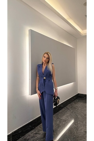 Modadua Saks Kemerli Yelek & Pantolon Takım Şık Ve Modern Ofis Stili