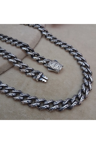 925 Ayar Gümüş Özel Kutu Kilitli Üzeri Desenli Gurmet Model Erkek Kolye 8.5 Mm