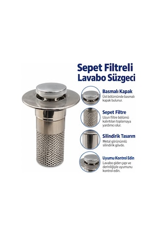 Buffer Sepet Filtreli Basmalı Lavabo Gider Süzgeci, Uzun Silindirik Filtreli Lavabo Tıpası, Saç Ve Kalıntı Toplayıcı Gid