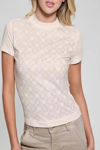 Guess Kadın Beyaz Desenli T-shirt Bej