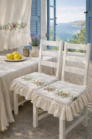 Romantik Ege Turuncu Gül Kanaviçe Nakışlı Fırfırlı Sandalye Minderi Çok Renkli