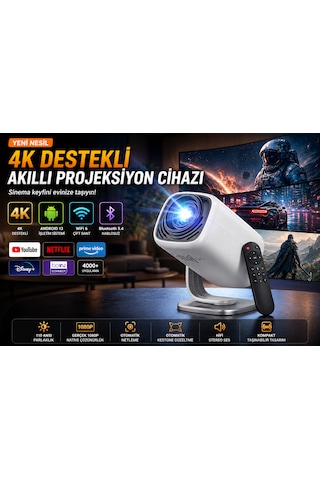 4k Destekli Android 13 Akıllı Projeksiyon Cihazı Wifi 6 Bluetooth 5.4 Full Hd Mini Projektör
