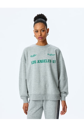 Koton Bisiklet Yaka Pamuk Karışımlı İşlemeli Dikiş Detaylı Oversize Sweatshirt Gri 5sak10169ek Gri