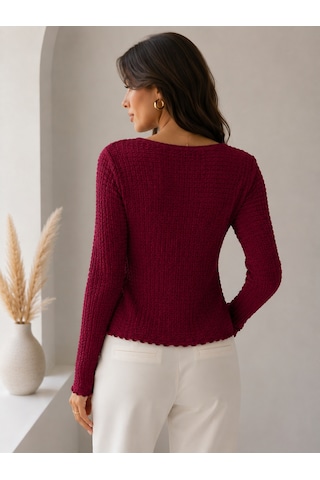 Sortie Collection V Yaka Bürümcük Detaylı Uzun Kollu Bluz Bordo