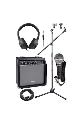 Midex Mga-35bk-pak Elektro Gitar Amfisi Seti 35 Watt Gain Özellikli Amfi Mikrofon Stand Kulaklık Jack Kablo