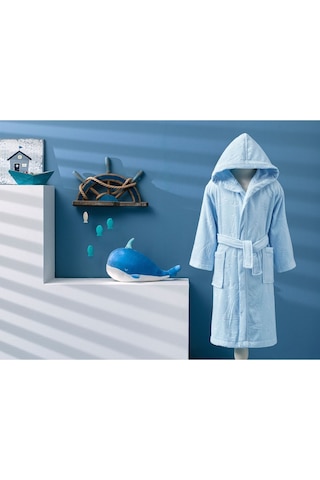 Boy Marine Kapüşonlu Kadife Çocuk Bornozu 15 Yaş Mavi