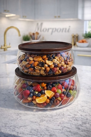 Morponi 2'li Borosilikat Cam Lüks Akasya Kapaklı Cam Kase - Sunumluk-salata Kasesi 18 Cm - 22 Cm Dalgalı Model Şeffaf
