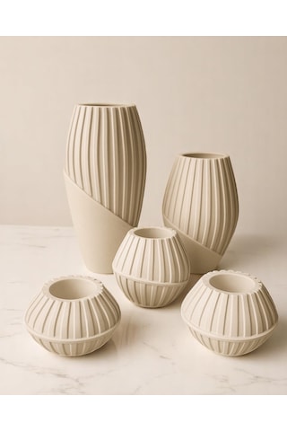 4 Lü Çizgili Dekoratif Vazo Seti El Yapımı Özgün Tasarım Beyaz