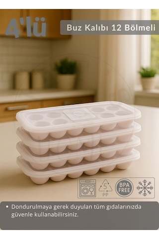 4'lü Set Buz Kalıbı 12 Bölmeli Esnek Silikon Buz Küpü Bpa Free Yuvarlak Bas Parmak Buzluk Çapı 3,5 Cm Pembe Pembe