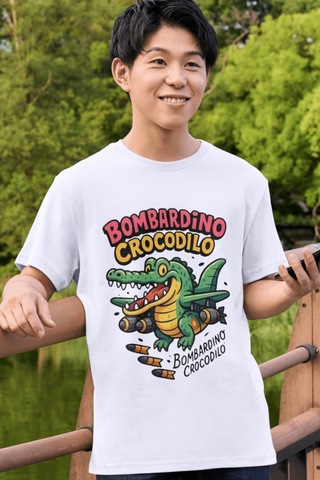 Bombardino Crocodilo Tişört Bombarıddıno Crocodil Çocuk T-shirt Tung Yetişkin Unisex Tişört Beyaz