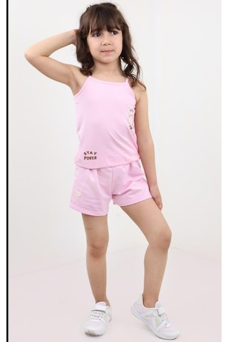 Toontoy Kids Toontoy Kız Bebek 2'li Takım Baskılı Kare Yaka T-shirt & Beli Lastikli Şort - Garni Detaylı Açık Pembe