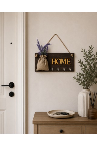 Lavanta Çiçekli Home Yazılı Anahtarlık Ceviz