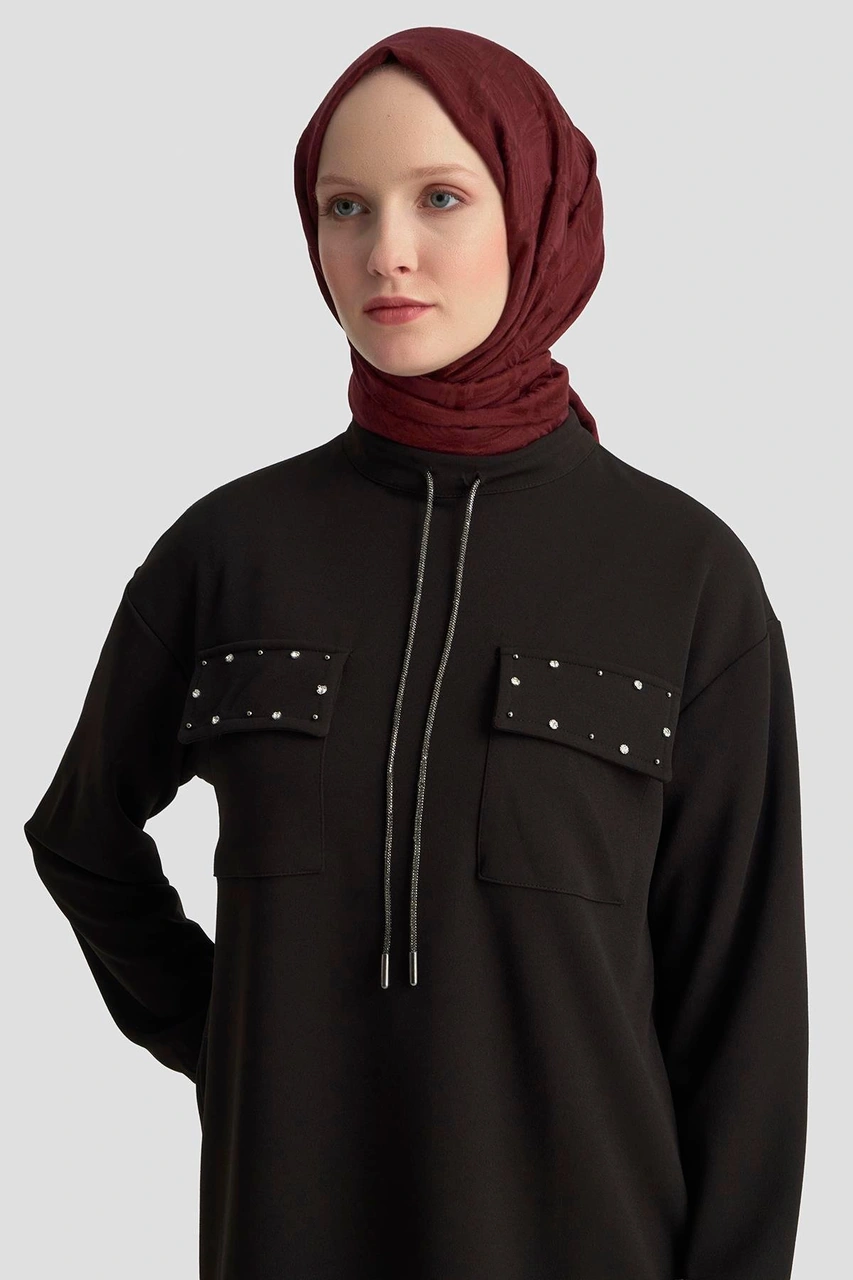 Armine Trend Cep Kapağı Taş Detaylı Taşlı Bağcıklı Crep Tunik Siyah 25kt451 Siyah