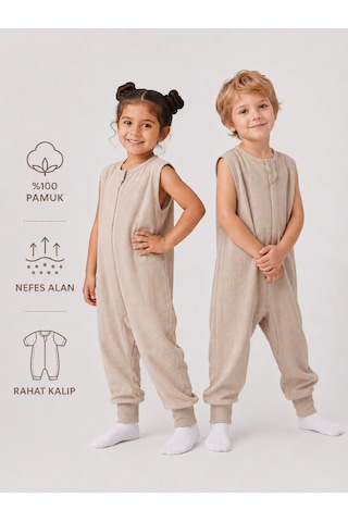 Babyhola 1 Tog Yazlık Çocuk Uyku Tulumu 1-8 Yaş Unisex Kısa Kollu %100 Pamuk Waffle 2702 Kahverengi