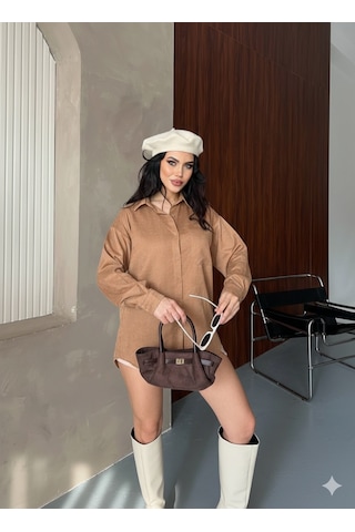 Ribana Classic Kadın Oversize Süet Büyük Beden Uzun Kollu Düğmeli Tek Cepli Gömlek 4962 Kahverengi