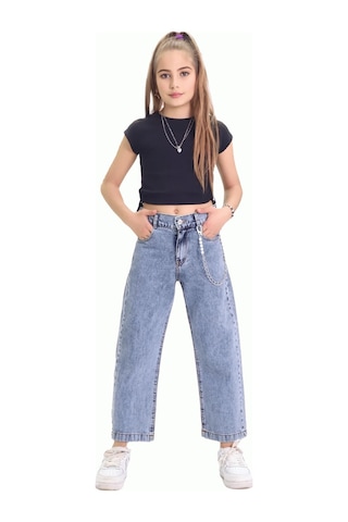 Gzt Tekstil Kız C Ocuk Pantolon Kız Çocuk %100 Pamuk Bol Paça Zincirli Jeans Kot Pantolon 6-15 Yaş Denim