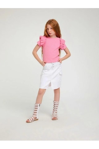 Kız Çocuk Pamuklu Bel Ayar Lastikli Dar Kot Beyaz Etek-14122 Beyaz