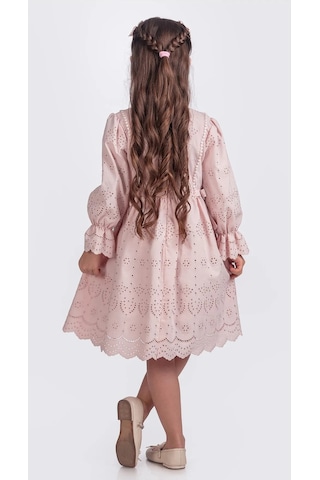 Kız Çocuk Uzun Kollu Kolları Lastikli Beli Ikili Kurdele Sutaşı Detaylı Elbise Elb.y2685 Pembe