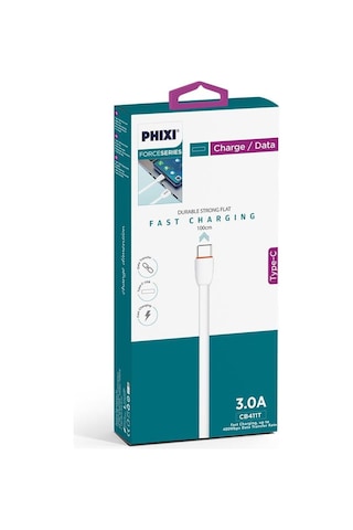Phixi CB411T Force Yassı Kablolu 1 M Type-C USB Şarj ve Data Kablosu Beyaz