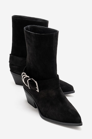 Luvishoes Velmor Siyah Süet Hakiki Deri Tokalı Kadın Western Bot Siyah