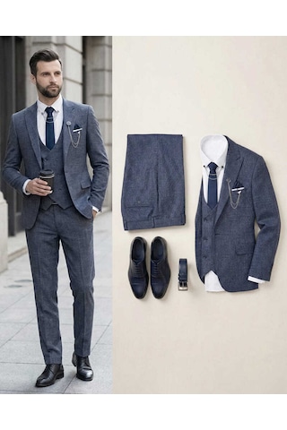 Beystil Sivri Yaka Lacivert Kırçıllı Takım Elbise Storm - Slim Fit Lacivert