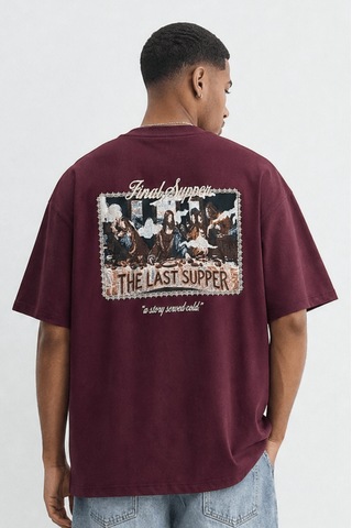 Respire Erkek Final Supper Nakışlı Oversize T-shirt Bordo