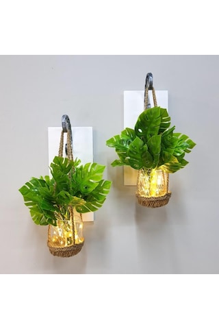 Duvar Dekoru, Led Işıklı, Deve Tabanı Çiçekli, Beyaz Aplik İkili Set