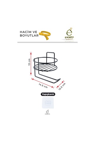 Yapışkanlı Tuvalet Kağıtlığı Yuvarlak Model Mat Siyah Metal Kağıtlık Delmeden Montaj Askı