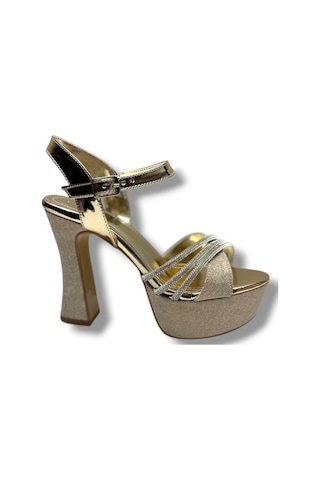 Defne 798-26 Simli Saten Çapraz Taşlı 30mm Platform Topuk Kadın Sandalet 12cm Altın