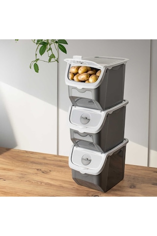 Porsima Coral 3 lü Çok Amaçlı Plastik Patates Soğan Sarımsak Saklama Kutusu 12 L - Gri