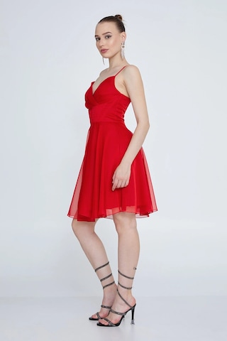 Doridorca Kadın Askılı Sırttan Çapraz Bağlamalı Kısa Abiye Elbise 6025 Kırmızı Kırmızı