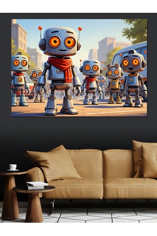 Modern Robot Çocuklar Ve Şehir Dekoratif Kanvas - Mdf Ahşap Tablo