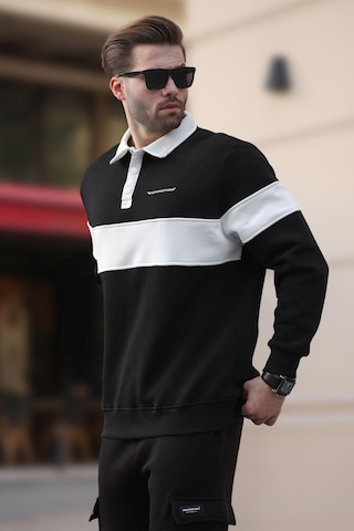 Madmext Siyah Polo Yaka Renk Bloklu Erkek Sweatshirt 7072 Siyah